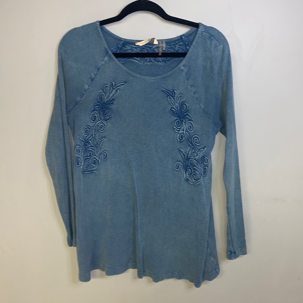 Soft Surroundings Womens Thermal Knit Blue Long Sleeve Embroidered Top